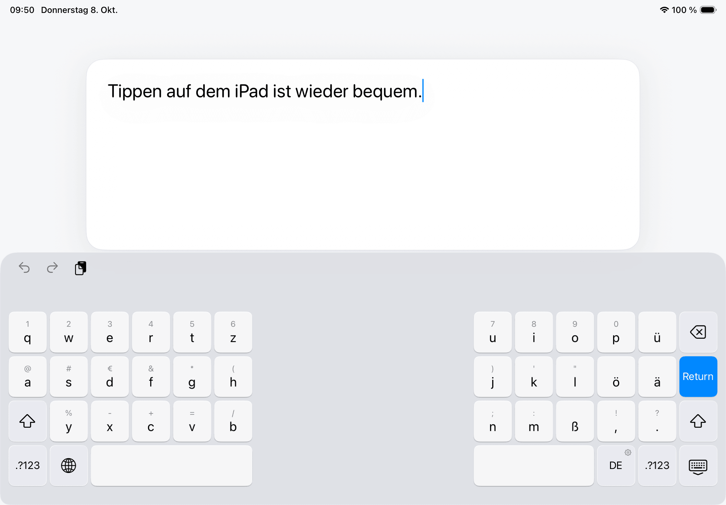 Split Keyboard unter einem Schreibbereich auf einem 11-Zoll iPad Air