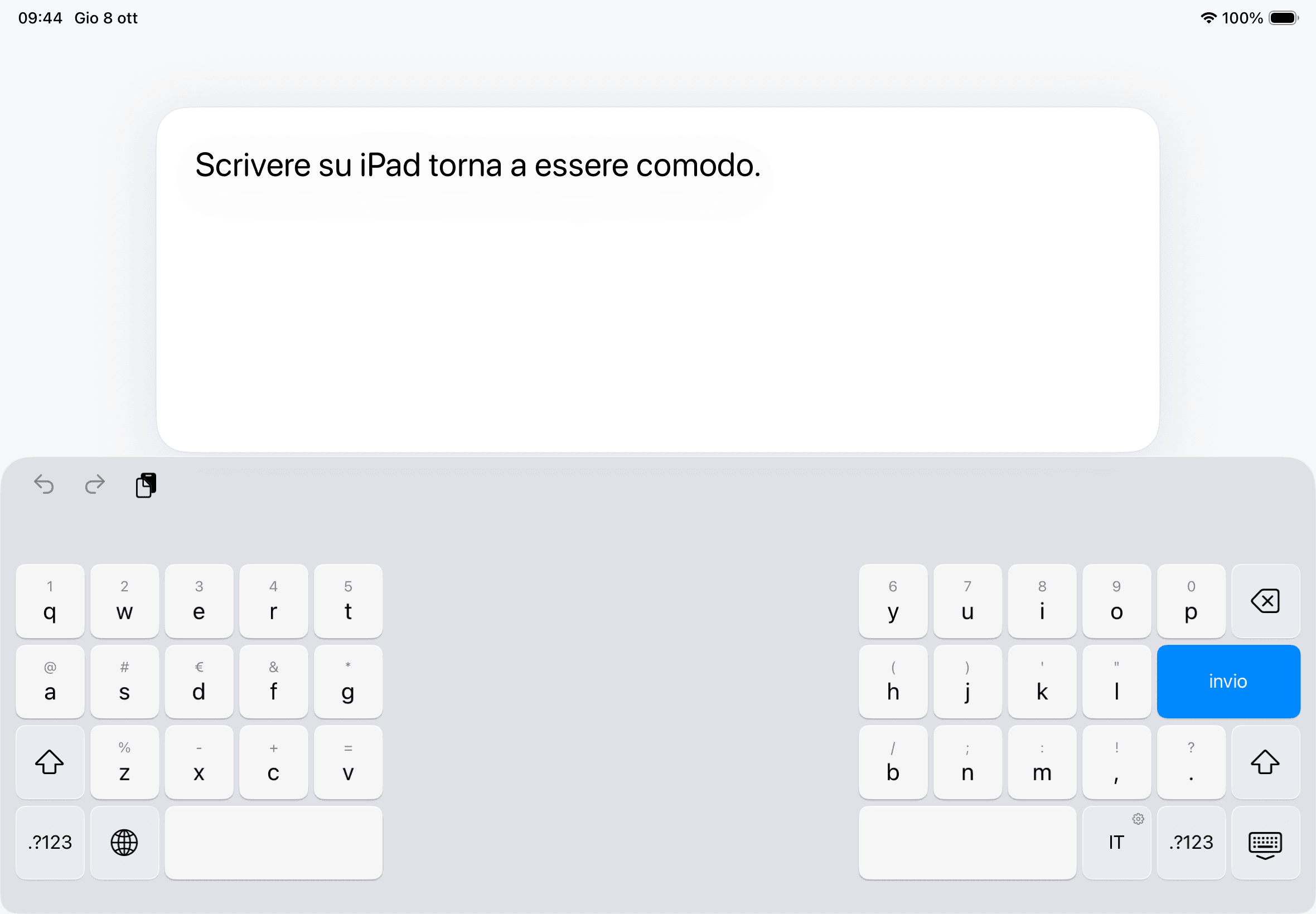 Split Keyboard sotto un’area di scrittura su iPad Air da 11 pollici
