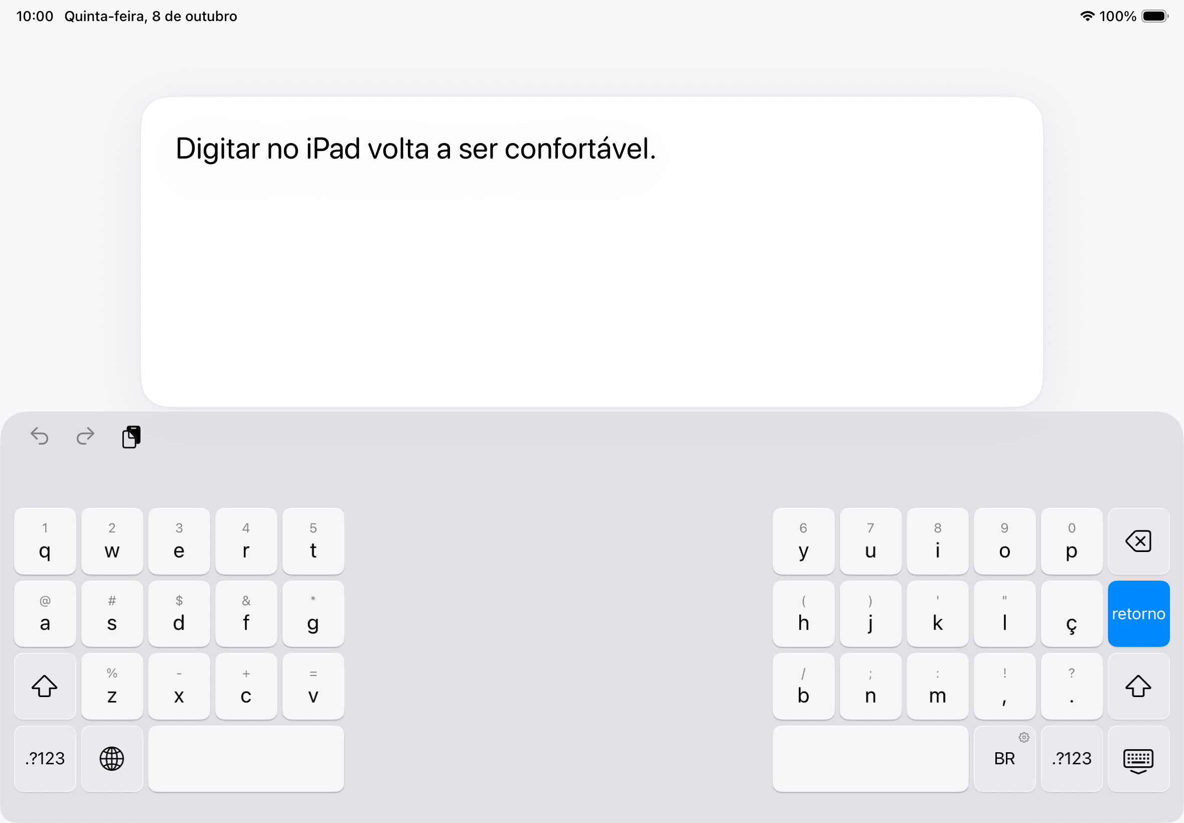 Split Keyboard abaixo de uma área de escrita em um iPad Air de 11 polegadas
