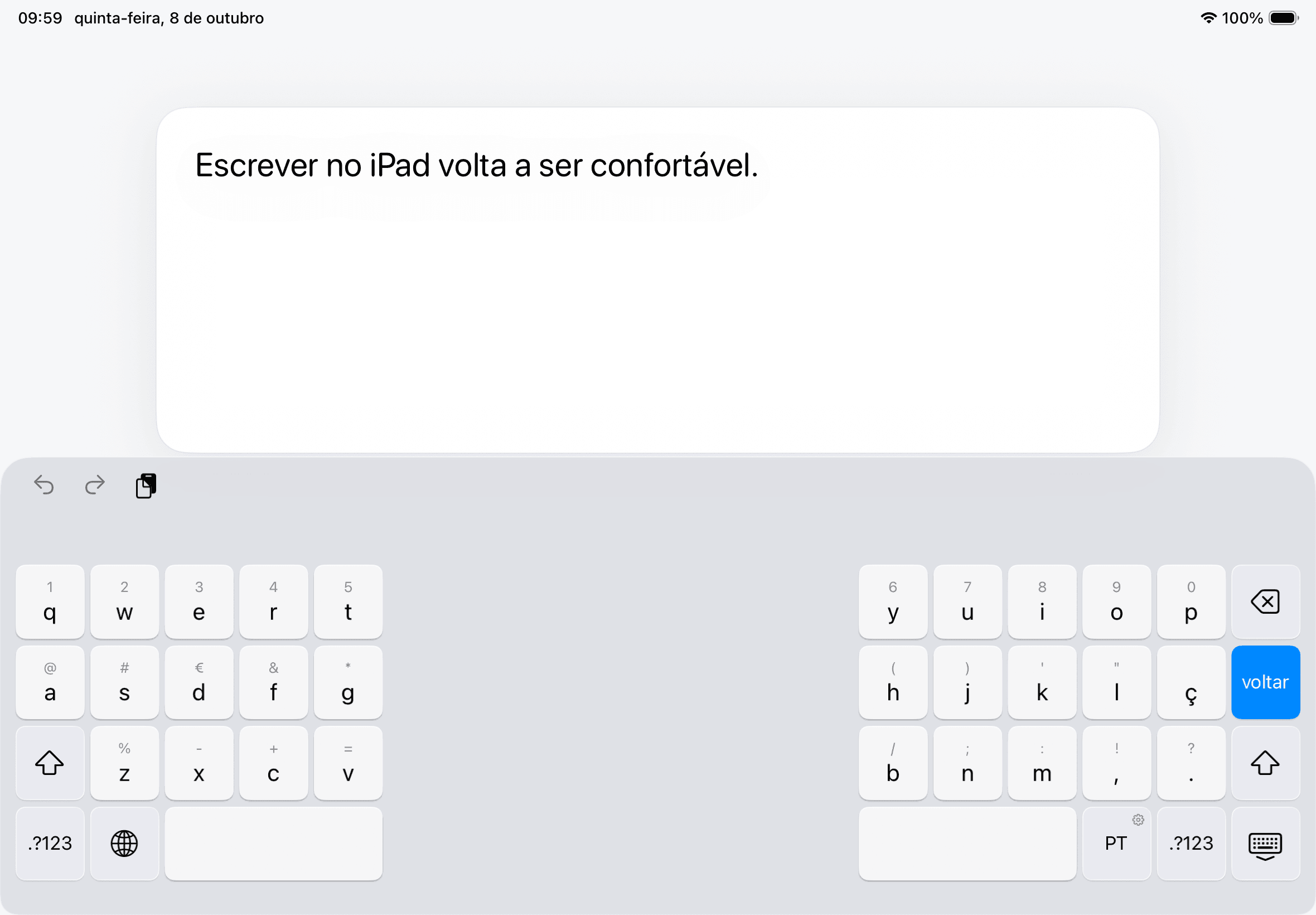 Split Keyboard sob uma área de escrita num iPad Air de 11 polegadas